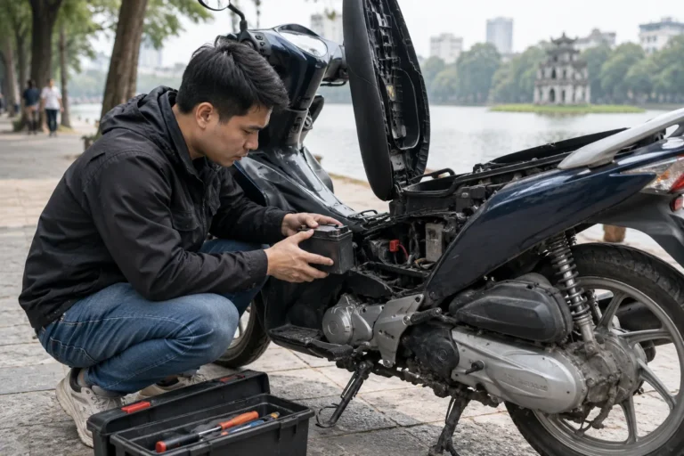 Hình minh họa: Xe máy hết điện ắc quy phải làm sao: dấu hiệu, đạp nổ bằng cần khởi động, sạc bình hay thay mới
