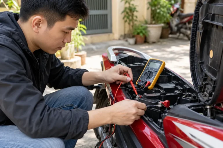 Hình minh họa: Ắc quy xe máy bao nhiêu vôn: 12V, cách đo lúc nghỉ bằng đồng hồ vạn năng và đọc mức đầy, mức yếu