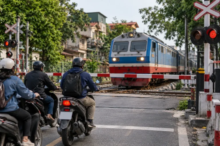 Hình minh họa: Qua đường ngang đường sắt bằng xe máy: dừng trước vạch, quan sát hai phía và không dừng trên đường ray