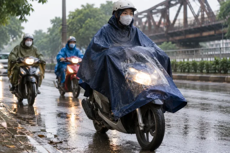 Hình minh họa: Áo mưa cánh dơi khi đi xe máy: vạt áo cuốn vào bánh xe, che đèn và vì sao nên cân nhắc áo mưa bộ