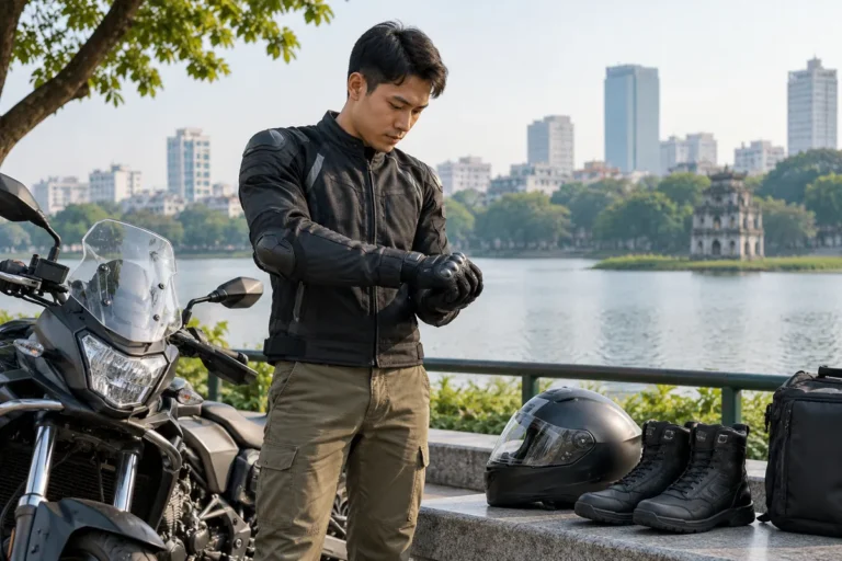 Hình minh họa: Đồ bảo hộ đi xe máy ngoài mũ bảo hiểm: găng tay, giày cổ cao và áo khoác có giáp, 2,37 giây so với 0,03 giây