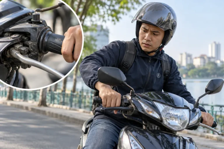Hình minh họa: Kẹt ga khi đang chạy xe máy: nhả ga, tắt công tắc hoặc khóa điện, bóp phanh rồi dừng, và vì sao dây ga khô gây kẹt