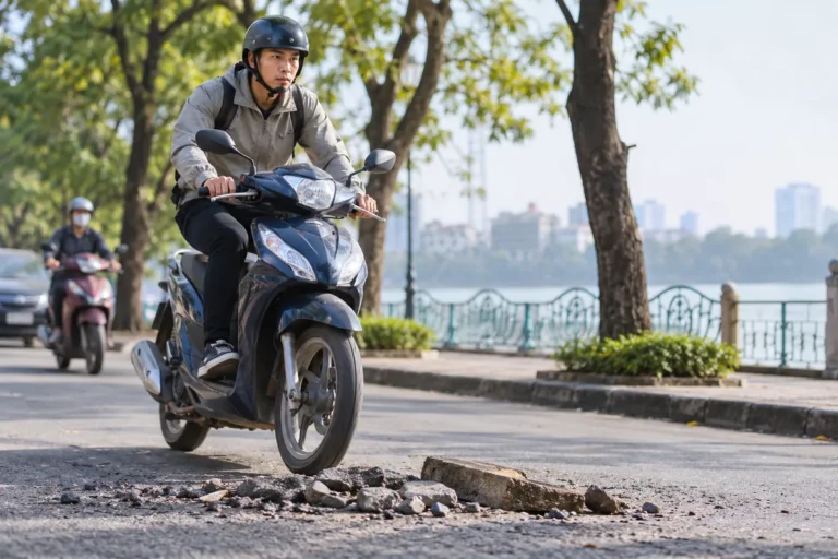 Hình minh họa: Chạy xe máy qua vật cản trên đường: nắm chắc tay lái, giữ thẳng hướng, nhổm nhẹ người và kiểm tra lốp sau đó