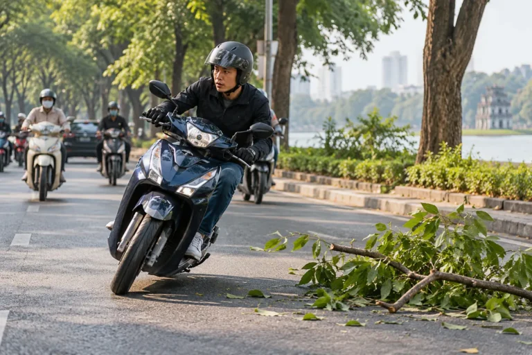 Hình minh họa: Đánh lái né vật cản đột ngột khi đi xe máy: đẩy nhẹ tay lái phía muốn né, giữ trong làn và phanh trước hoặc sau khi né