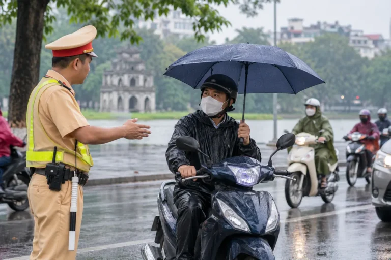 Hình minh họa: Cầm ô khi đi xe máy: Điều 33 Luật 36/2024 cấm sử dụng ô, người lái bị phạt 800.000–1.000.000 đồng và trừ 4 điểm