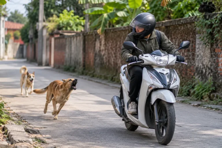 Hình minh họa: Chó đuổi theo khi đang đi xe máy: không đá chân, giảm tốc rồi tăng tốc bỏ lại và việc cần làm nếu bị cắn
