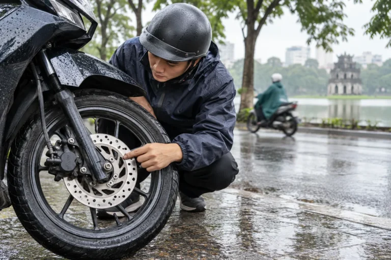 Hình minh họa: Phanh xe máy kêu két két: sau mưa là bình thường hay do má phanh mòn, đĩa cong và dính dầu