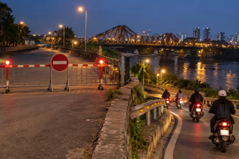Hình minh họa: Đê Long Biên – Xuân Quan đóng ban đêm 23h–4h đến 25/2/2027: đoạn hồ Lâm Du phải đi xuống đường Cổ Linh