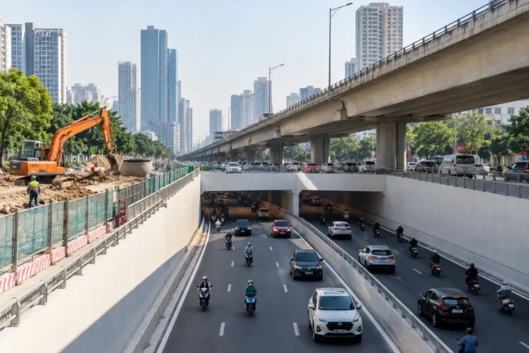 Hình minh họa: Hầm chui Mễ Trì – Dương Đình Nghệ dưới Vành đai 3 trên cao: 6 làn, dài 655 m, dự kiến xong cuối năm 2027