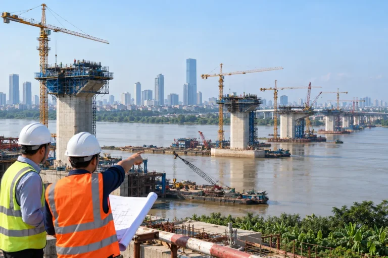 Hình minh họa: Bảy cầu qua sông Hồng đang thi công ở Hà Nội: Hồng Hà và Mễ Sở vượt 45%, mục tiêu xong quý 2/2027 trước APEC