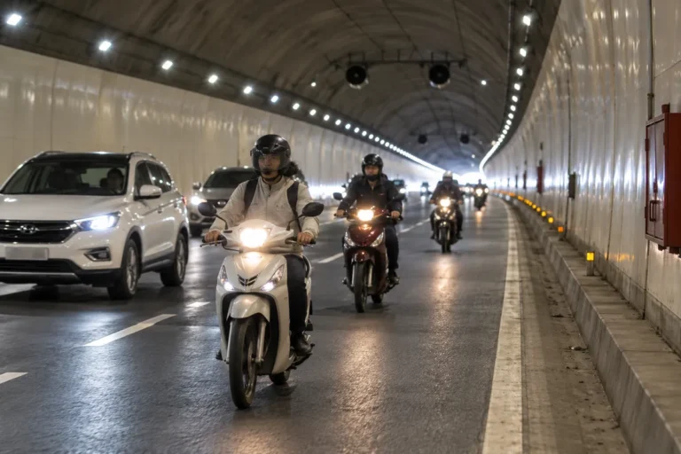 Hình minh họa: Đi xe máy trong hầm đường bộ: bật đèn chiếu gần, không dừng đỗ, không quay đầu, không vượt và cách xử lý khi xe hỏng giữa hầm