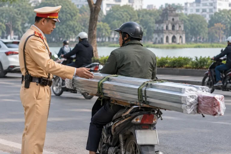 Hình minh họa: Giới hạn xếp hàng trên xe máy: 0,3 m mỗi bên, 0,5 m phía sau, cao 2 m và mức phạt khi mang vác vật cồng kềnh