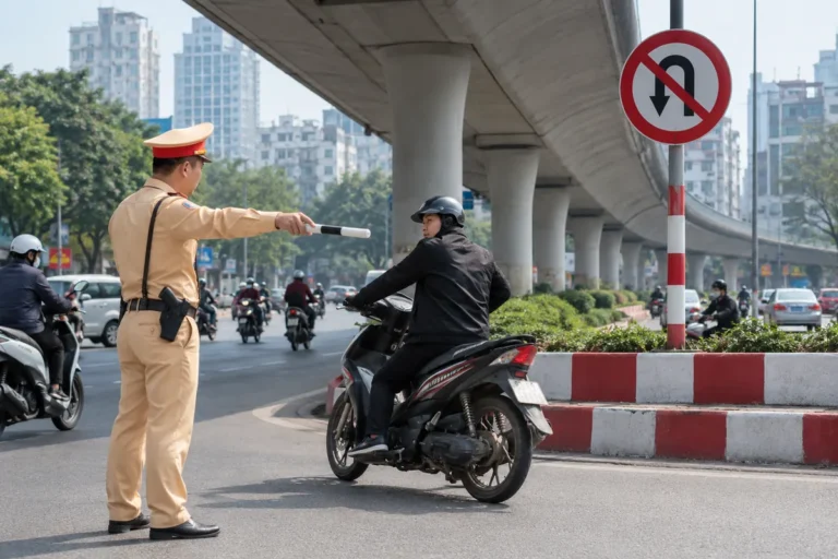 Hình minh họa: Quay đầu xe máy ở nơi cấm: cầu, gầm cầu vượt, đường một chiều, vạch người đi bộ, hầm và mức phạt 400.000–600.000 đồng