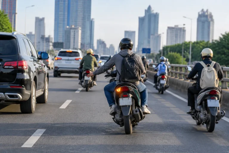 Hình minh họa: Chuyển làn đường bằng xe máy: mỗi lần một làn liền kề, bật xi nhan trước, xe chậm đi bên phải và phạt 200.000–400.000 đồng