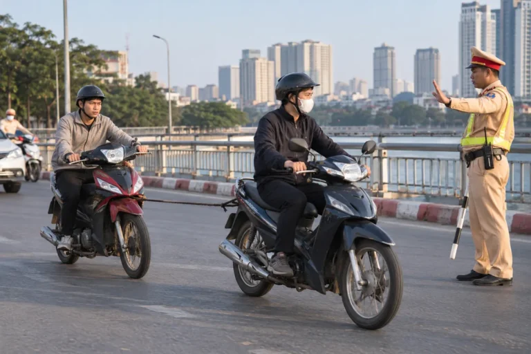 Hình minh họa: Kéo hoặc đẩy xe máy hỏng bằng xe máy khác: Luật cấm, người lái bị phạt 600.000–800.000 đồng và người ngồi sau 400.000–600.000 đồng