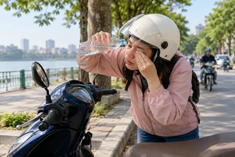 Hình minh họa: Bụi hoặc côn trùng bay vào mắt khi đang chạy xe máy: không dụi mắt, tấp xe vào lề rồi rửa nước sạch và dấu hiệu cần đi khám