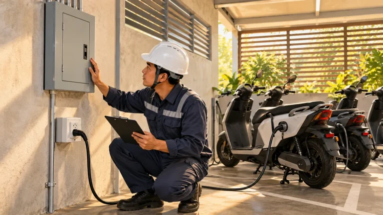 Minh họa thợ điện kiểm tra aptomat và ổ cắm tại khu sạc xe máy điện.