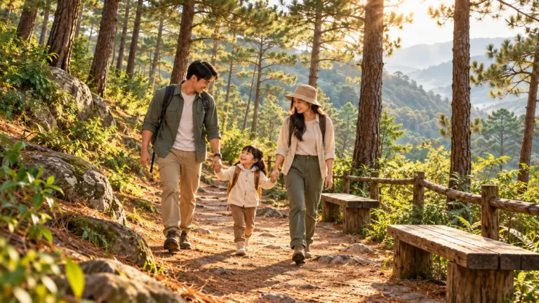 Minh họa gia đình đi bộ đoạn ngắn trong rừng thông Ba Vì.