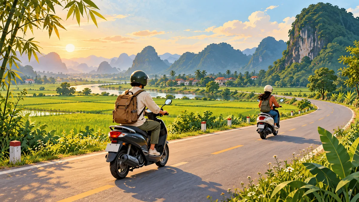 Minh họa hai xe máy giữ khoảng cách trên đường thoáng.