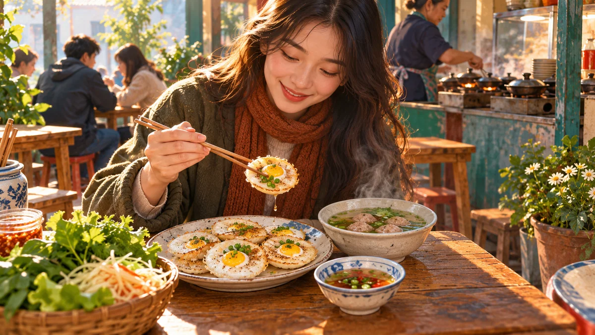 Minh họa bánh căn Đà Lạt nhân trứng cút ăn kèm nước xíu mại.