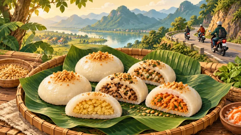 Minh họa bánh dày Quán Gánh gói trong lá với các phần nhân khác nhau.