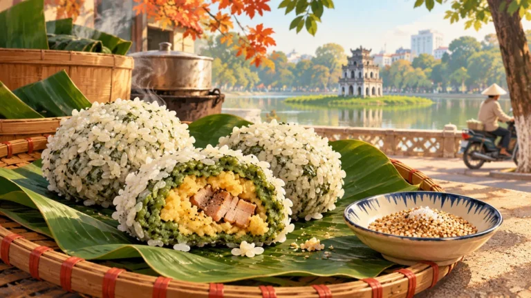 Minh họa bánh khúc Hà Nội với lớp xôi nếp và nhân đậu xanh thịt.