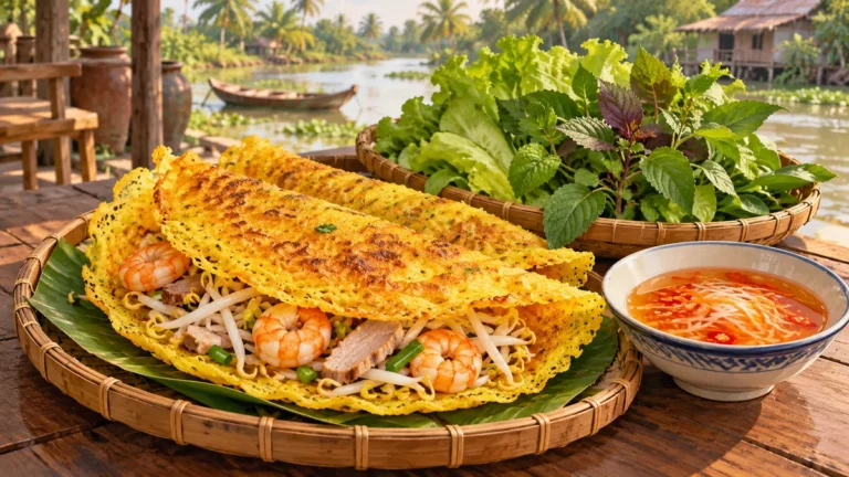 Minh họa bánh xèo miền Tây ăn cùng rau cuốn và nước mắm chua ngọt.