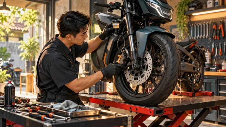 Minh họa kỹ thuật viên bảo dưỡng phanh và các bộ phận xe máy điện.