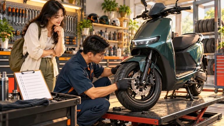 Minh họa bảo dưỡng định kỳ xe máy điện tại xưởng dịch vụ.