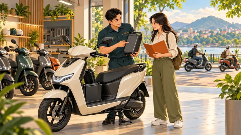 Minh họa khách tìm hiểu bảo hành xe máy điện và pin tại điểm dịch vụ.