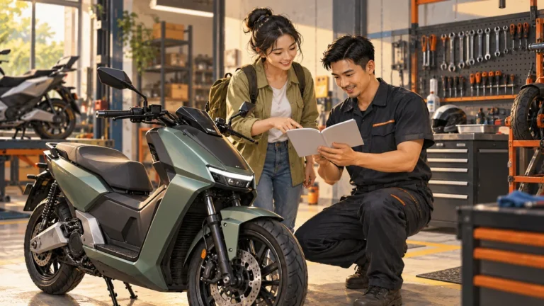 Minh họa trao đổi chính sách bảo hành xe máy điện tại trung tâm dịch vụ.