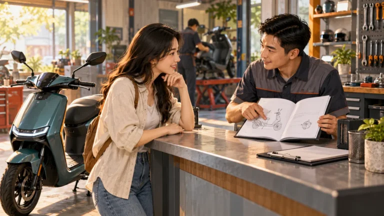 Minh họa chủ xe điện trao đổi về bảo hành tại cửa hàng.