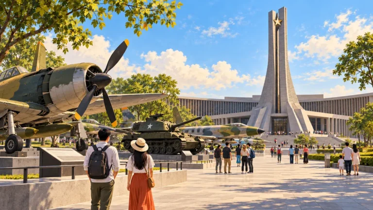 Minh họa khuôn viên Bảo tàng Lịch sử Quân sự Việt Nam và hiện vật máy bay.