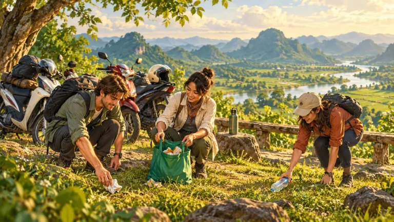 Minh họa du khách thu gom rác và giữ sạch cảnh quan sau chuyến đi.