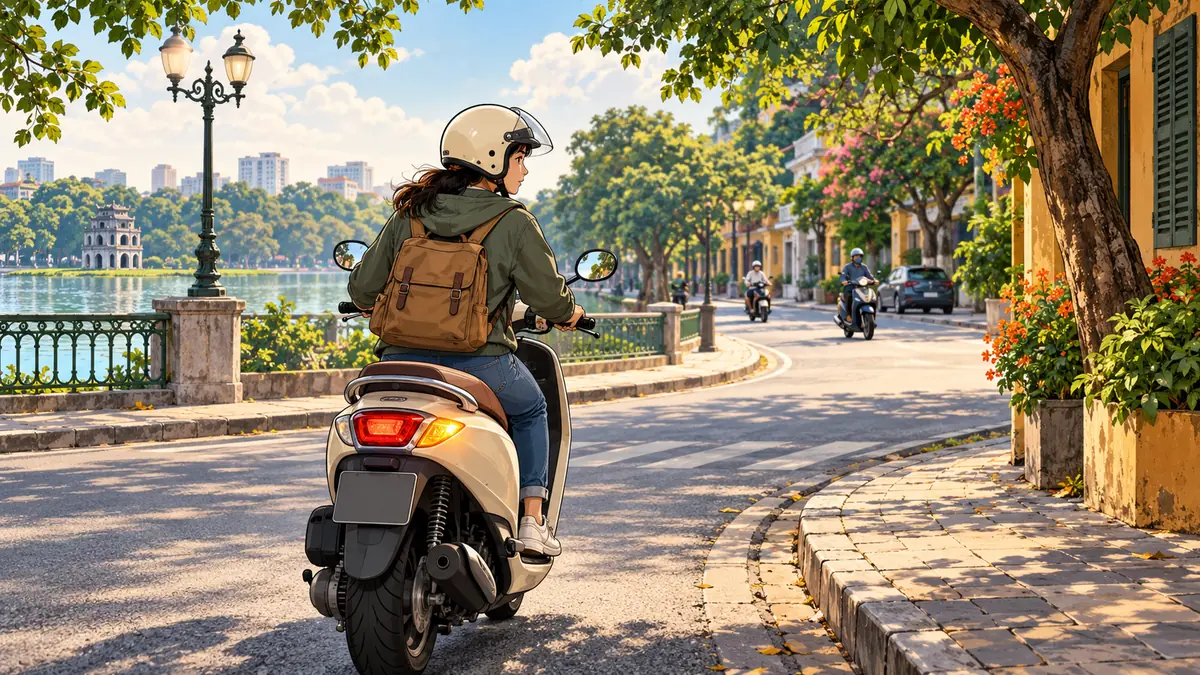 Minh họa bật đèn xi nhan và quan sát trước khi rẽ bằng xe máy.