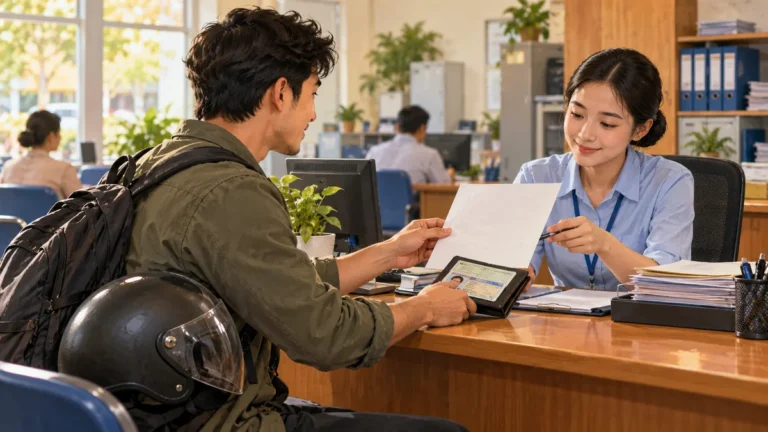 Minh họa người dân đối chiếu giấy hẹn khi làm thủ tục nhận lại giấy phép lái xe.