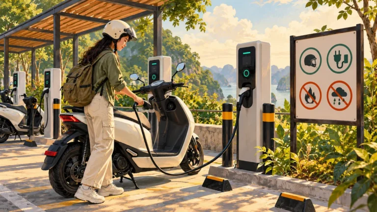 Minh họa trạm sạc xe điện ngoài trời có bảng hướng dẫn bằng biểu tượng.