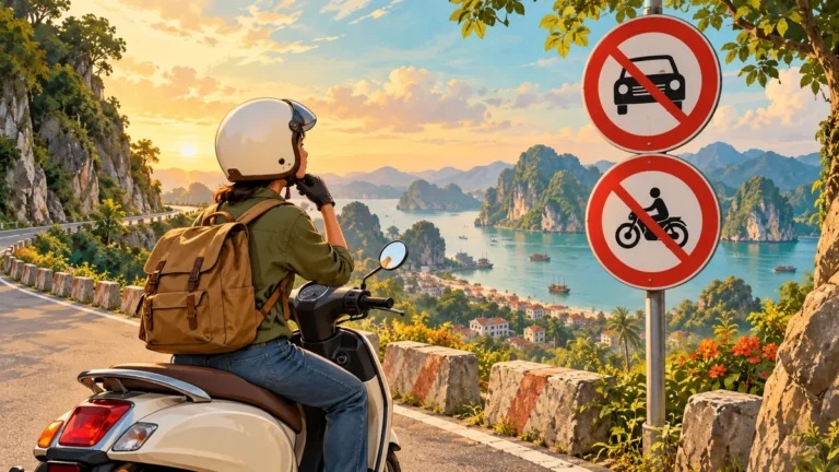 Minh họa người đi xe máy quan sát nhóm biển báo cấm phương tiện.
