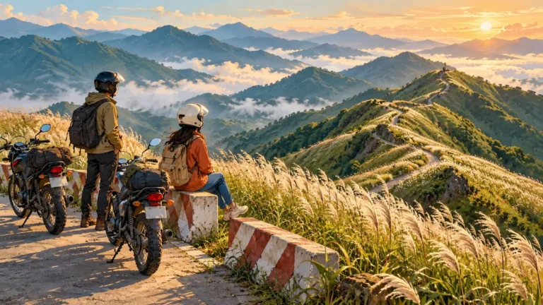 Minh họa cảnh núi, cỏ lau và điểm dừng xe máy tại Bình Liêu.