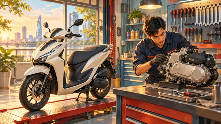 Minh họa xe tay ga và cụm động cơ trong xưởng bảo dưỡng.