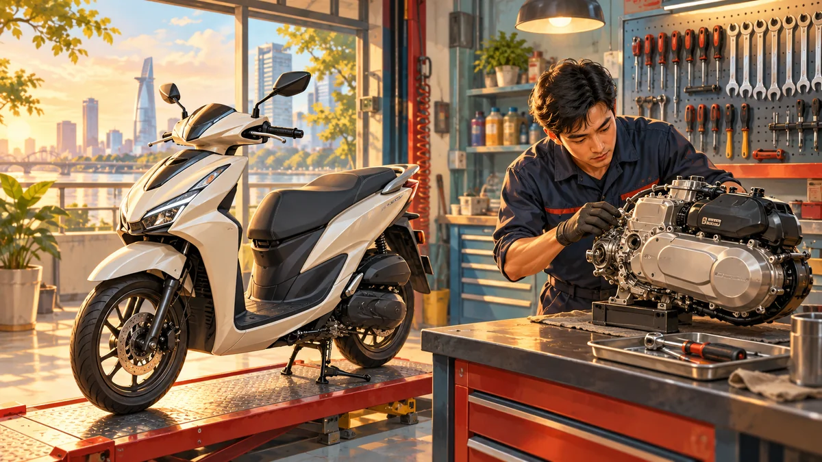 Minh họa xe tay ga và cụm động cơ trong xưởng bảo dưỡng.