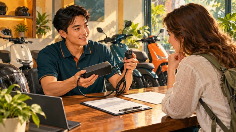 Minh họa kiểm tra bộ sạc xe máy điện và giấy tờ bảo hành.