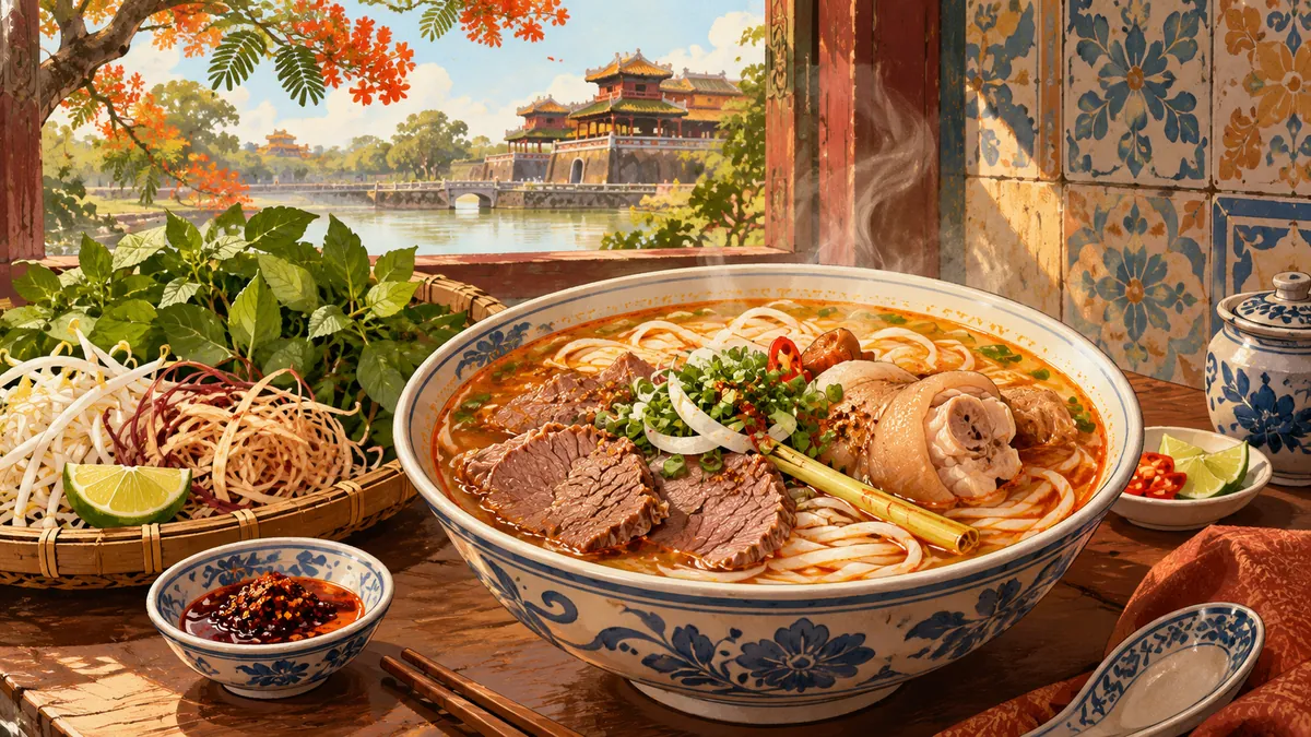 Minh họa tô bún bò Huế với thịt bò, giò heo và rau ăn kèm.