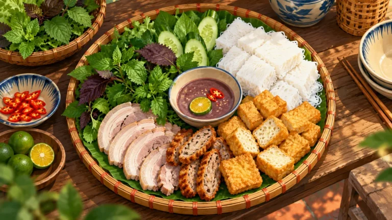 Minh họa mẹt bún đậu mắm tôm Hà Nội với đậu rán và rau thơm.