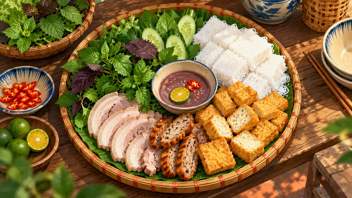 Minh họa mẹt bún đậu mắm tôm Hà Nội với đậu rán và rau thơm.