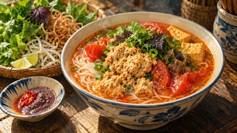 Minh họa tô bún riêu cua Hà Nội với cà chua, riêu cua và rau ăn kèm.
