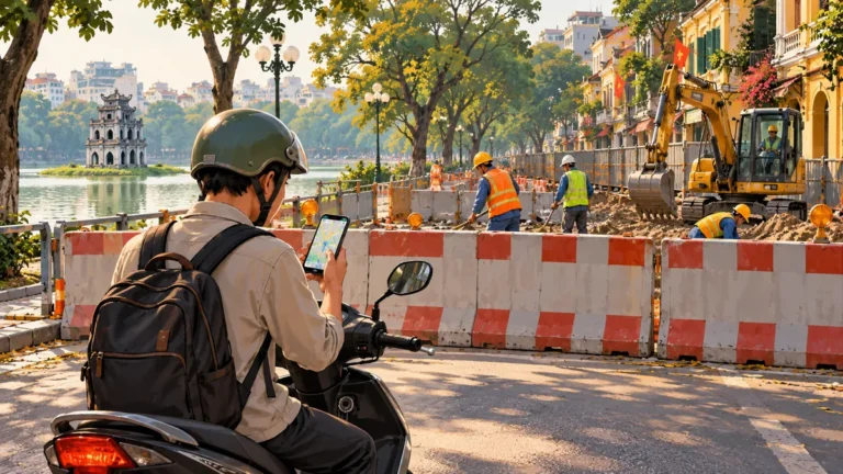 Minh họa người đi xe máy tìm đường vòng trước khu vực thi công.