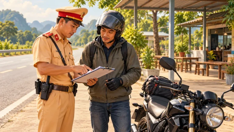 Minh họa người đi xe máy kiểm tra chứng từ với cán bộ giao thông.