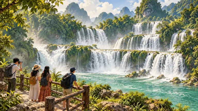 Minh họa du khách ngắm các tầng thác Bản Giốc tại Cao Bằng.