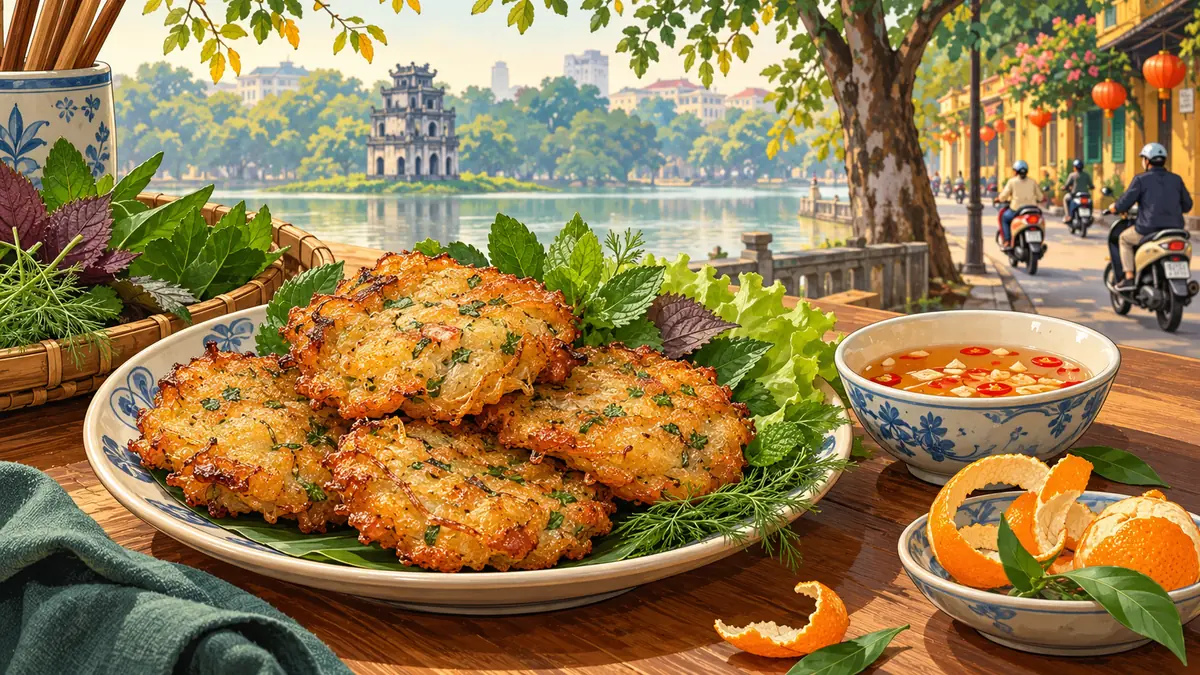 Minh họa món chả rươi Hà Nội ăn cùng rau thơm và nước chấm.